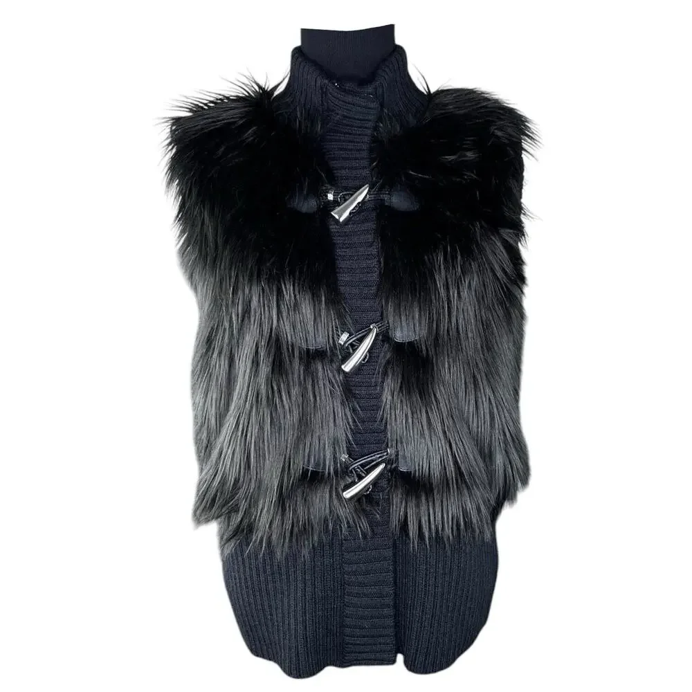 Michael Kors Mob Wife Faux Fur Sweater Vest Women Sz Lg Black‎ Wool Blend EUC